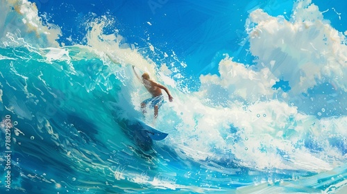 A surfer rides a wave, sending a spray of water into the air as they execute a perfect turn against a backdrop of azure blue sky.