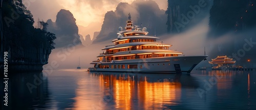 Superyacht Serenity Amidst Ancient Peaks. Concept Yacht Photography, Luxury Travel, Mountain Backdrop, Serene Ocean Views, Exclusive Lifestyle