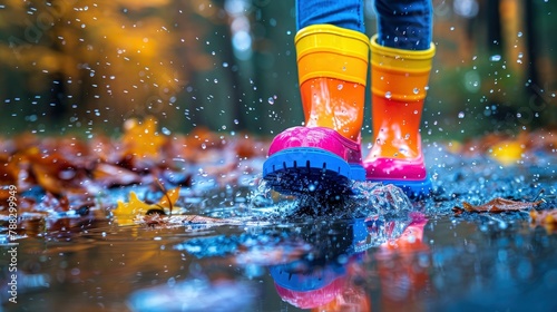 closeup of pair of brightly colored kids rain boots splashing through puddles water resistant children s shoes for autumn fall walks in puddlesimage illustration photo