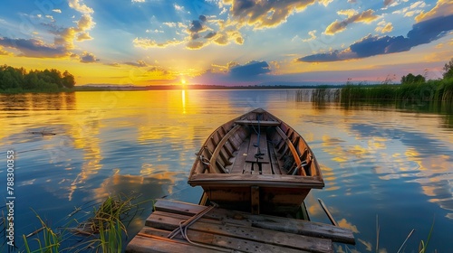 The old wooden boats and wooden pier on the quiet sunset lake create a feeling of calm when watching the sun set among the clouds. High quality, heartwarming photos of an evening by the lake photo