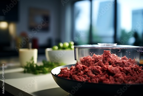 Modern electric meat grinder with fresh chopped meat on table in kitchen photo