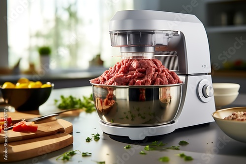 Modern electric meat grinder with fresh chopped meat on table in kitchen photo
