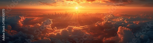 Sky city, floating platforms, sunrise, city above clouds painting, skyward view, golden horizon, utopian dream  photo