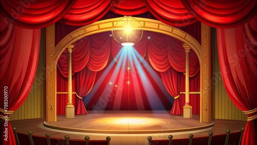 Theater Stage Red Curtains Bathed in Spotlight, Creating Magical Atmosphere.