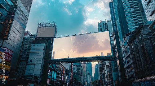 a blank billboard amidst a bustling cityscape, with towering skyscrapers and bustling streets in the background, providing a prime location for your advertisement to command attention. 