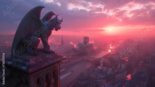 Gargoyle perch, Gothic spire, watchful guardians painting, city below, fading light, stoic watch