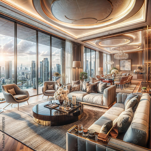 arafed view of a living room with a couch, chairs, and a table, luxury condo interior, inside a modern apartment, interior architecture view, elegant interior, city apartment, modern living room, fanc