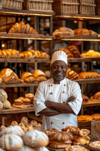 African american mature man work on bakery make bread and sale