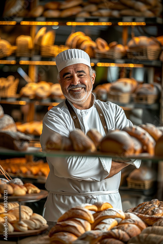 Caucasian mature man work on bakery make bread and sale © Miljan Živković