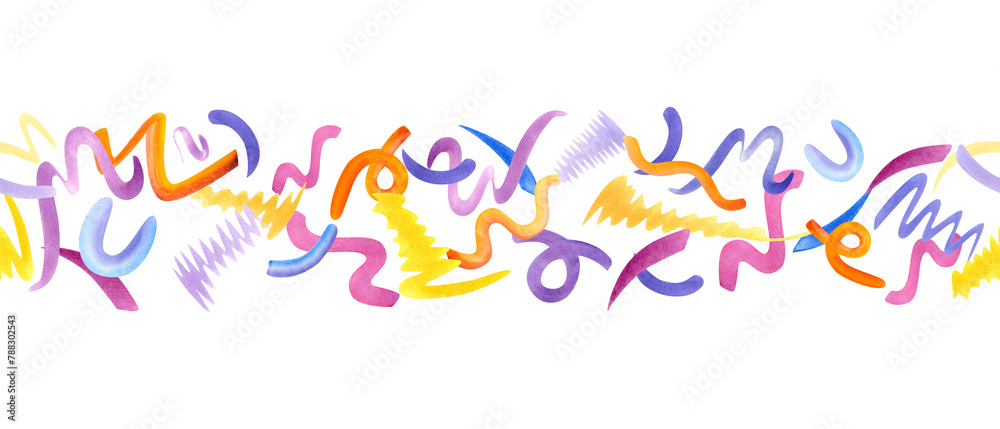 Confetti seamless banner. Multicolored squiggle. Simple shapes of brush strokes. Curls design. Kid scribble for party, birthday package. Watercolor illustration of cute flying squiggles