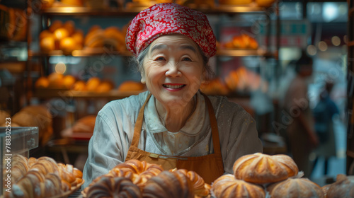 Japanese senior woman work on bakery make bread and sale