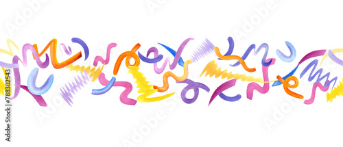 Confetti seamless banner. Multicolored squiggle. Simple shapes of brush strokes. Curls design. Kid scribble for party, birthday package. Watercolor illustration of cute flying squiggles