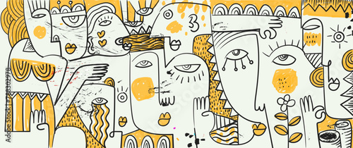 Group of abstract face portrait cubism art style, decorative, line art hand drawn vector illustration. Design for wall art, decoration, poster and print.