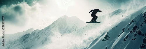 Silhouette of snowboarder soaring down the slope - A snowboarder's silhouette races down a snowy slope; a portrayal of speed and exhilarating extreme sports