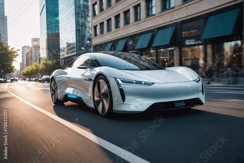 Futuristic electric car running on the city street at day time with motion blur and copy space. Futuristic EV Car and Alternative Energy Concept.