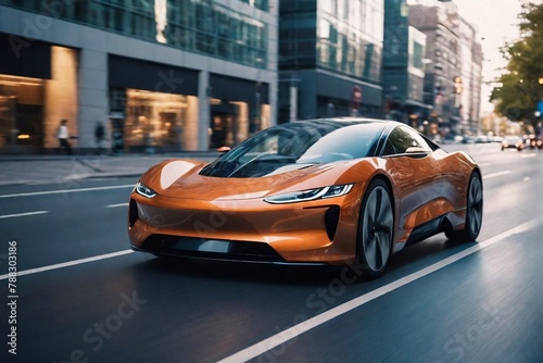 Futuristic electric car running on the city street at day time with motion blur and copy space. Futuristic EV Car and Alternative Energy Concept. © PNG&Background Image
