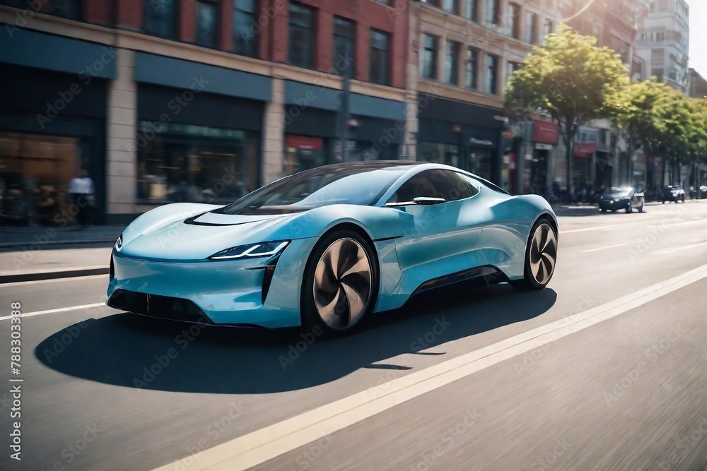 Futuristic electric car running on the city street at day time with motion blur and copy space. Futuristic EV Car and Alternative Energy Concept.