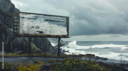 a blank billboard positioned along a scenic coastal drive, with rugged cliffs and crashing waves in the background, offering a dramatic setting for your advertisement. © Artistic_Creation
