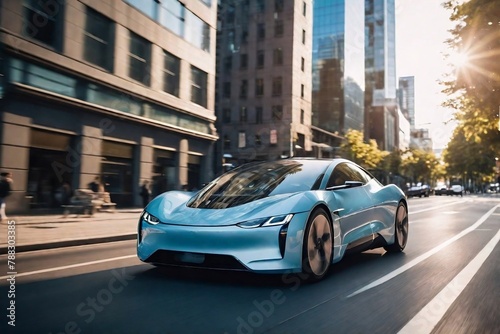 Futuristic electric car running on the city street at day time with motion blur and copy space. Futuristic EV Car and Alternative Energy Concept. © PNG&Background Image