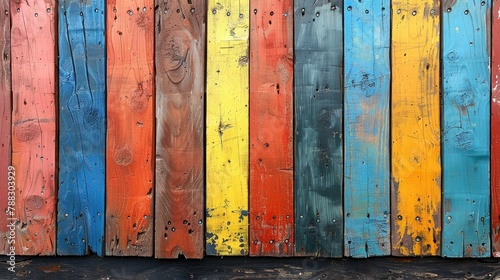 colorful wooden fence background in the style of recycled material murals loose paint applicationillustration photo