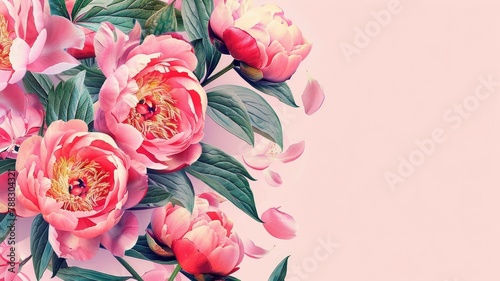 Exquisite peony flowers on a pastel background - A vibrant assemblage of pink peonies adorned with lush foliage, petals gracefully unfolding on a soft pink backdrop photo