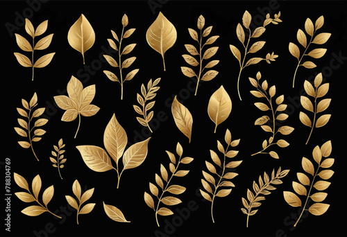 Minimalist Doodle of Gold Branch Leaf Elements in Hand-drawn Sketch