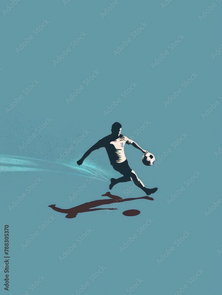 Silhouette of Soccer Player on Blue Background - An artistic rendering of a soccer player with a trail of splashes, conveying movement on a soothing blue backdrop that contrasts the fiery play