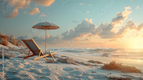 a long beach chair and umbrella against a sandy backdrop, their tranquil presence captured in realistic 8k full ultra HD resolution. © Artistic_Creation