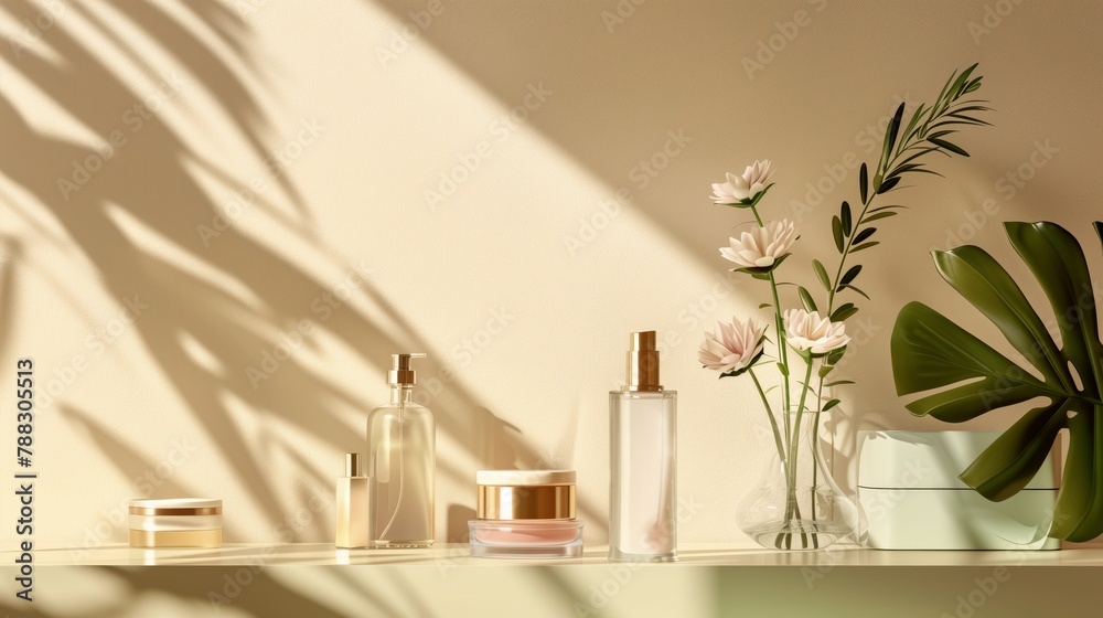 The skin care prodact on a minimalist champagne tones background. Generated by artificial intelligence. The skin care prodact on a minimalist champagne tones background. Generated by artificial intelligence.