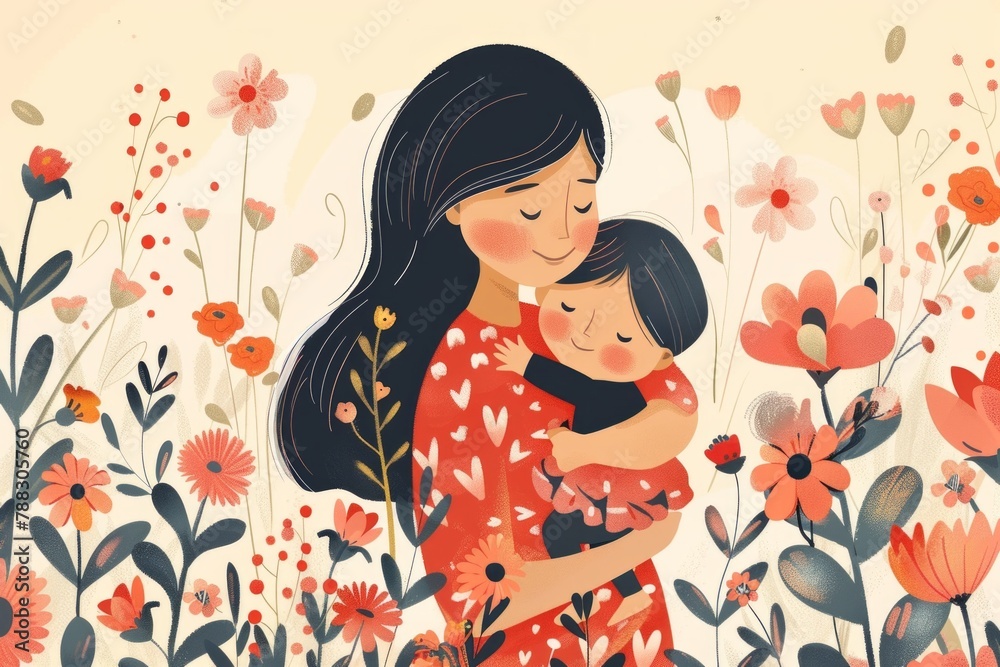 Silhouettes of mother and daughter. drawing. The daughter gives a flower to her mother. Women's Day, Mother's Day. Copy space Silhouettes of mother and daughter. drawing. The daughter gives a flower to her mother. Women's Day, Mother's Day. Copy space