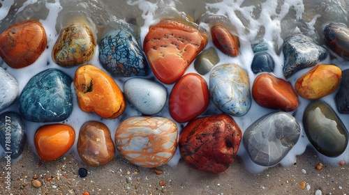 a picturesque scene of colorful rocks strewn across the shoreline of a peaceful beach, their vibrant hues standing out against the soft, sandy backdrop