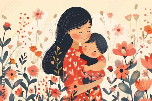 Silhouettes of mother and daughter. drawing. The daughter gives a flower to her mother. Women's Day, Mother's Day. Copy space