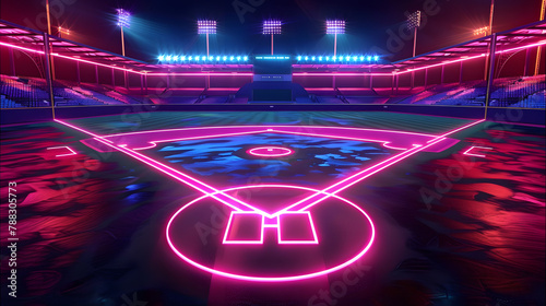 A dynamic 3D render of glowing neon baseball field on a black background photo