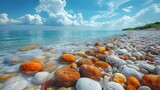 a pristine beach adorned with colorful rocks, their vibrant hues creating a picturesque scene against the backdrop of the calm sea, depicted in cinematic high resolution photography.