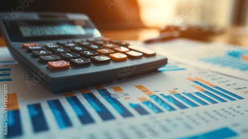 Calculator and financial charts on desk, close-up, focused task light, planning and analysis 