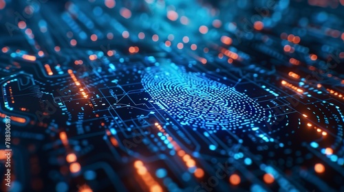 Fingerprint scanning for secure banking, tight view, blue light, futuristic finance, identity verification 