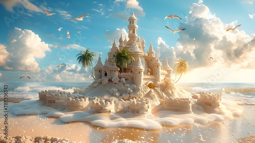a sand castle on the beach, with palm trees swaying gently in the breeze and seagulls soaring overhead, depicted in realistic high resolution against a backdrop of sandy shores.
