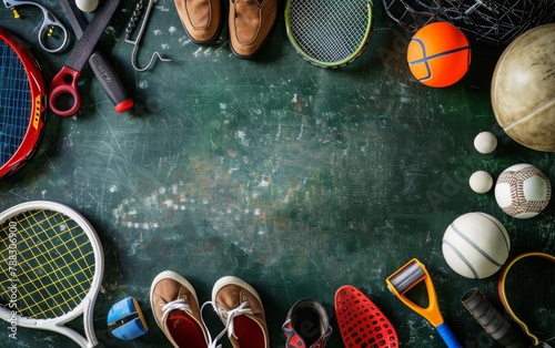 An overhead view background of various sports equipment with empty space photo