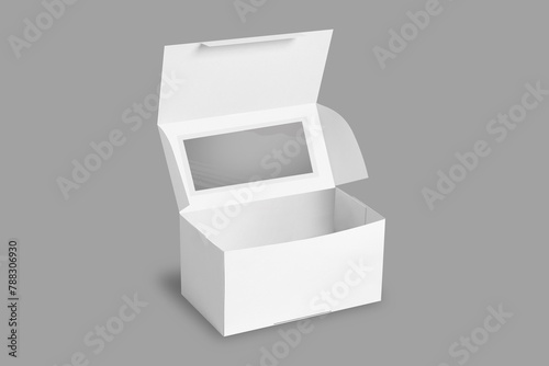 Takeaway Cup Cake carton white  pastry box mockup isolated on a grey background.Cardboard Packaging Container Template for cup cake with transparent window on top. 3d rendering.