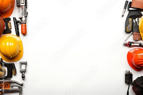 Flat lay of construction tools on white background. Top view. photo