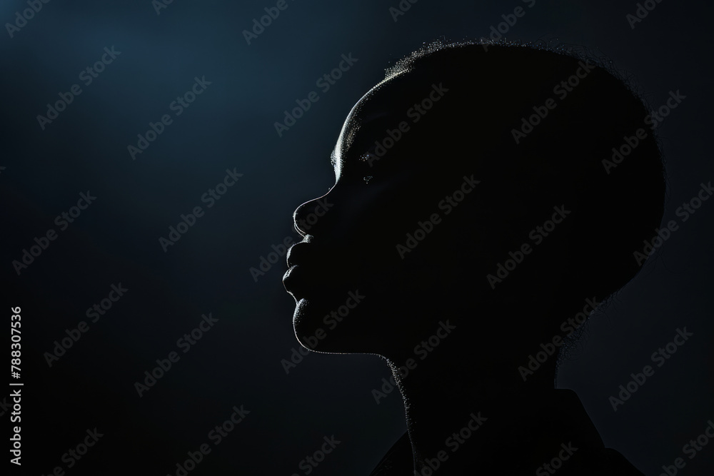 Silhouette of African american child in dark, close up profile portrait