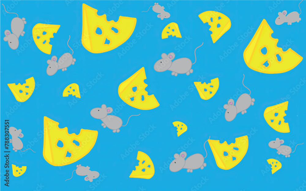 Cartoon pattern of cheese and mice. Pattern for children. Illustration with mice and a slice of cheese for printing on fabric, paper, bed linen, pajamas, stationery, wallpaper, notepads, dishes. Cartoon pattern of cheese and mice. Pattern for children. Illustration with mice and a slice of cheese for printing on fabric, paper, bed linen, pajamas, stationery, wallpaper, notepads, dishes.