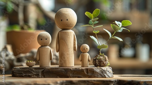 tiny wooden family engaged in goal-setting activities from career ambitions to personal growth. With minimalistic wooden props and serene expressions photo