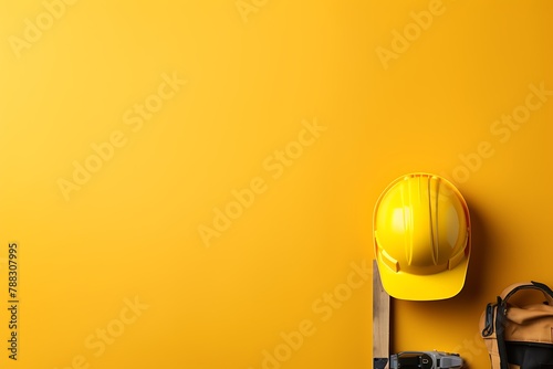 Construction tools on yellow background. Top view with space for your text