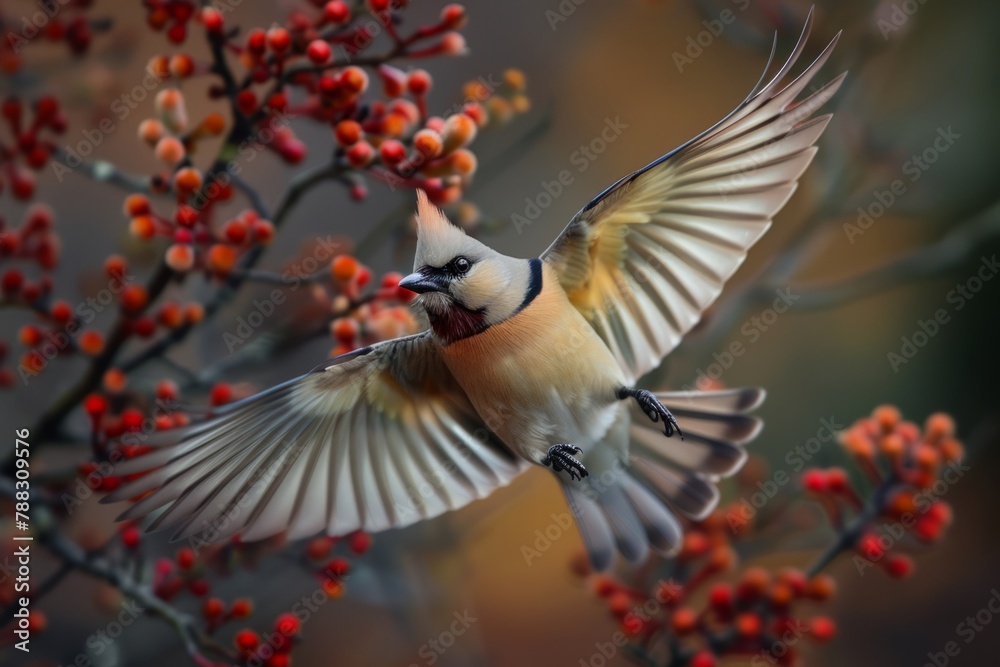 Fototapeta premium Crested waxwing bird flying with tree branches with red berries in the background