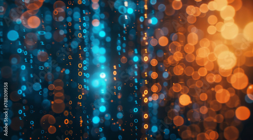Bokeh, glow or data stream of binary code as abstract art by storage, cloud computing or cyberspace. Lights, zero or one as lines, dots or pattern of energy transformation on dark web cybersecurity