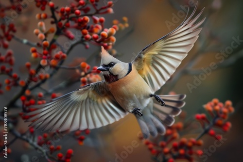 Crested waxwing bird flying with tree branches with red berries in the background © WaxWing_Ai