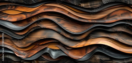 Abstract black brown wood art texture colorful background with wood veneer waving waves overlapping layers photo