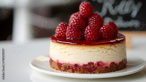 A rich and creamy cheesecake with a layer of fresh raspberry 