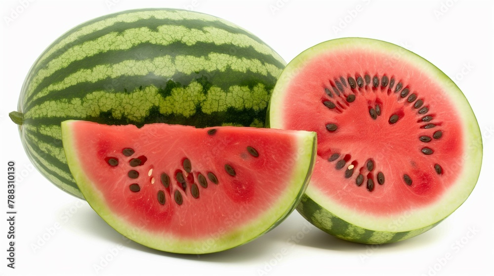 A green watermelon and two slices of watermelon isolated on white background A green watermelon and two slices of watermelon isolated on white background